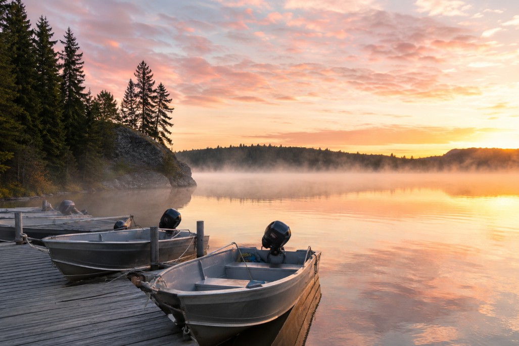 Small aluminum fishing boats tied at a quiet marina on Wawa Lake under a wide northern sky